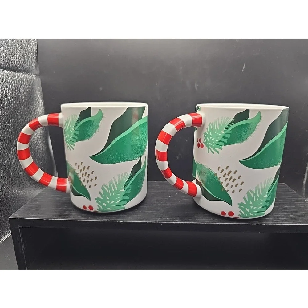 Lot Of 2 2019 Starbucks Christmas Holly Mugs‎ Candy Cane Handle 12 Oz